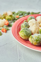frozen brussels sprouts and broccoli cabbage green beans asparagus and carrots on a red plate in the kitchen