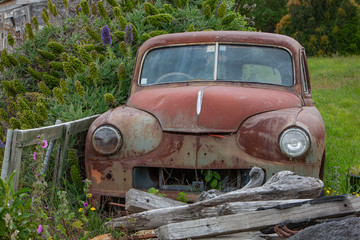 Abandonened Oldtimer car at Shag Point South Island Otago New Zealand. Coast Rocks