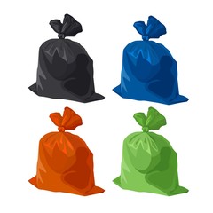 Garbage bag icons set. Rubbish, waste and trash in plastic pack. Vector