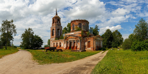 View of the dilapidated Church of the Nativity of John the Baptist in the village of Ivanovo. Ivanovo region, Russia.