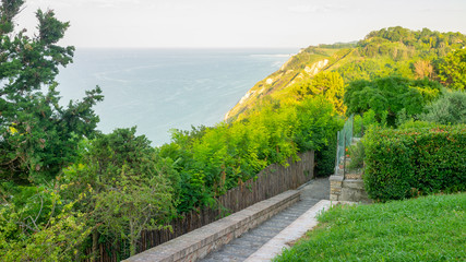 Panoramic view of the cliffs of Fiorenzuola di Focara, over the Adriatic Sea in the Marche Region (Pesaro-Urbino Province).