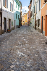 Old street of the city of Acqualagna, Marche Region, Italy; world famous for its valuable truffles (white and black).