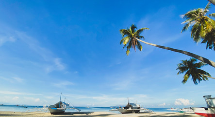 Obraz premium Green palm trees beautiful view from below. Landscape of boats on the beach on a background of blue sea and sky with white clouds. Warm sunny weather