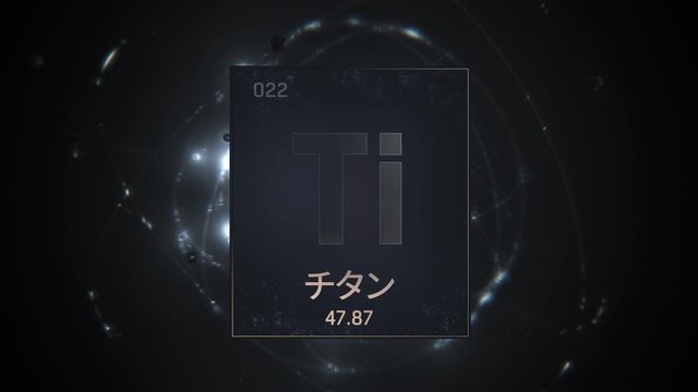 Titanium as Element 22 of the Periodic Table. Seamlessly looping 3D animation on silver illuminated atom design background orbiting electrons name, atomic weight element number in Japanese language
