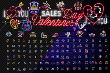 Valentines Day neon icons set, love banner templates. Set neon signs, posters for shop design, colorful banner. Wedding Neon Label Set