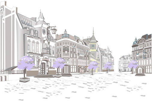 Series of retro street views with fashion people in the old city. Hand drawn vector architectural background with historic buildings. Street musicians.