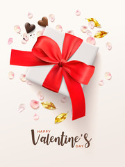 Fototapeta na wymiar Happy valentine's day romantic poster background vertical. White gifts box and red bow, golden leaves, chocolate heart shape, pink rose petals. Realistic Vector illustration.