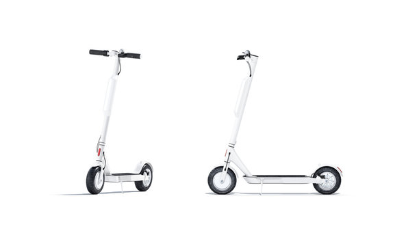Blank white electric scooter with banner mockup, front and side