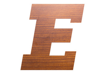 Letter E with wooden texture on white background.