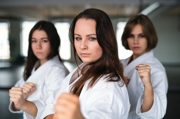 Group of young women practising karate indoors in gym. © Halfpoint