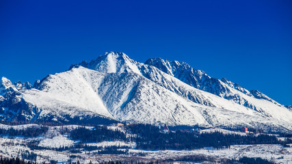 View of the landscape with snowy mountains. The High Tatras National Park, Slovakia, Europe.