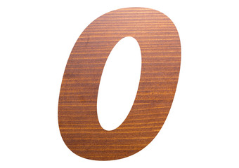 Number 0 zero with wooden texture on white background.
