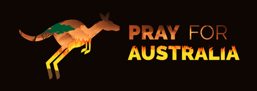 Pray For Australia  Forest In Fire Bushfires  With Kangaroo Silhouettes On Dark Background