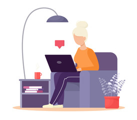 A modern grandmother sits in a chair at a computer and communicates online. Vector isolate in cartoon flat style.