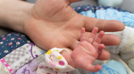 Obraz na płótnie Canvas hands of a newborn baby and dad