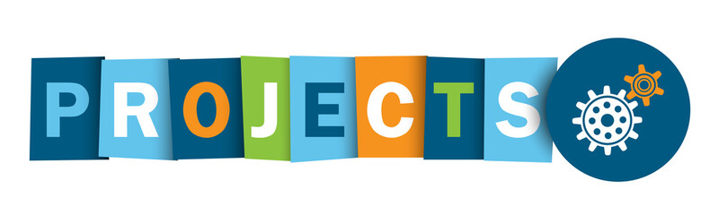 PROJECTS vector typography web button with GEARS symbol