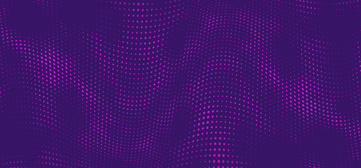 Halftone music wave on purple background. Dotted vibrant texture for wallpaper, music poster, flyer. Abstract halftone effect with dot and circle in pop art style. Vector illustraction.