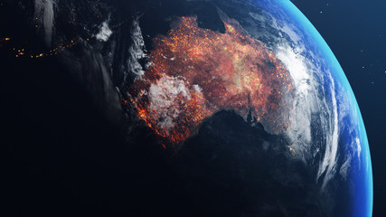 3D illustration of Earth globe with map of australia all burnt and on fire © artegorov3@gmail
