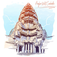 Centerpiece of the Angkor Wat temple complex in Cambodia representing the sacred Mount Meru of the Hindu religion. Painted sketch. Vintage design. Travel sketchbook drawing. EPS10 vector illustration