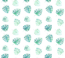 Seamless pattern tropical leaf watercolor green delicate on a white background