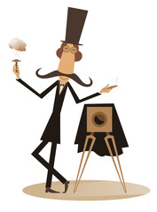 Retro photographer with camera illustration. Cartoon long mustache in the top hat photographer smokes a cigar and makes a photo isolated on white