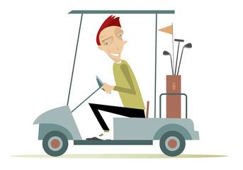 Smiling man in the golf cart illustration. Smiling man is going to play golf in the golf cart isolated on white