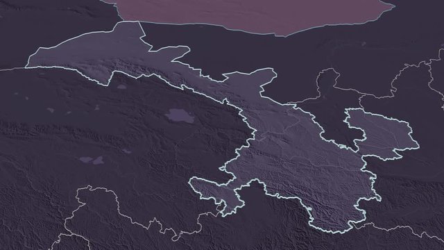 Gansu, province with its capital, zoomed and extruded on the administrative map of China in the conformal Stereographic projection. Animation 3D