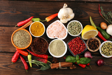 Spices and herbs on table. Food and cuisine ingredients for good cooking