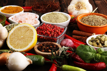 Spices and herbs on table. Food and cuisine ingredients for good cooking