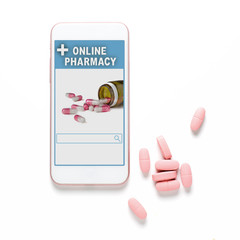 Online pharmacy. Application in your smartphone for online ordering of medicines. Pink pills. White background. The concept of convenient choice of medicines