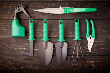 Gardening tools on wooden background flat lay