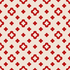 Vector geometric floral seamless pattern. Simple repeat minimal texture. Red and white. Elegant abstract graphic background. Minimalist ornament with small flower silhouettes, diamonds, stars, crosses