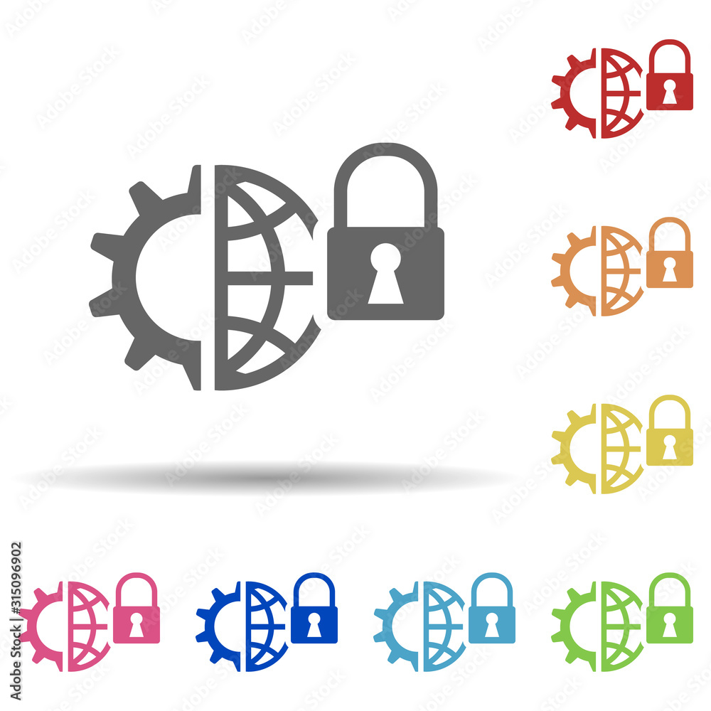 Poster global management, half cogwheel, padlock in multi color style icon. simple glyph, flat vector of in