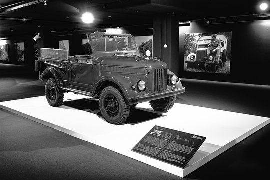 GAZ-69 Army Truck. All terrain vehicle 1970 vehicle. Made in USSR. Retro car on exhibition. Classic Car exhibition - Heydar Aliyev Center, Baku, Azerbaijan - 26,04,2017