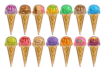 Vector set of Ice Creams Cones, group of 14 cut out illustrations sweet snacks different colors on white, collection of yummy frozen ice creams in waffle cones with milky ingredients for cafe menu.