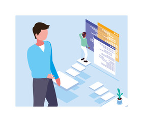 men in the front of the screen, business meeting