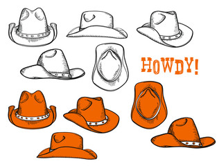 Cowboy hats set. Vector hand drawn graphic illustration of westrn hats clothes isolated on white for design