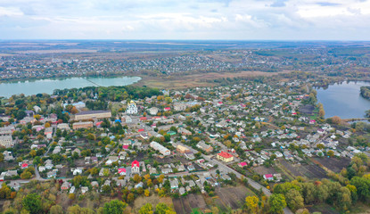 Drone shooting. A small town in Ukraine. October. Autumn. 