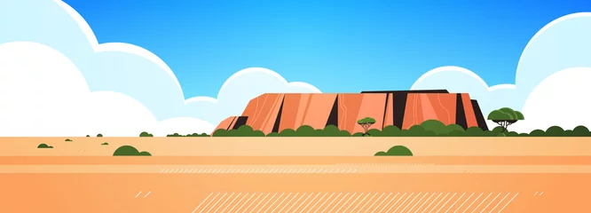 Stof per meter rotsachtige berg australië droog gras rotsen en bomen wilde natuur landschap achtergrond horizontale vectorillustratie © mast3r