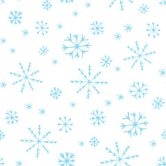Winter doodles hand drawn snowflakes seamless pattern. Cute, simple vector snowflakes for postcard and poster graphic design for textile, wrapping paper, hand drawn style christmas winter backgrounds.