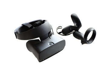 Virtual reality headset with controllers on white background.