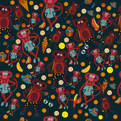 Seamless pattern with monkeys in clothes and shoes on a dark tone. Banana ice cream