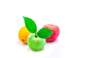 Green apple Red apple and Orange on the white background with clipping path