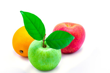 Green apple Red apple and Orange on the white background with clipping path