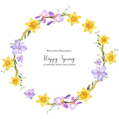 Daffodil flowers in floral watercolor wreath on a white background, watercolor with clipping path