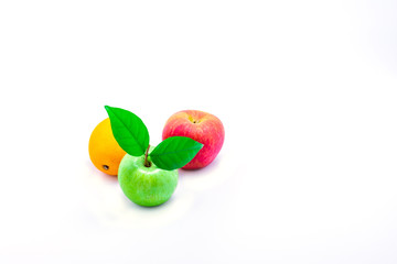 Green apple Red apple and Orange on the white background with clipping path