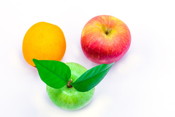 Green apple Red apple and Orange on the white background with clipping path