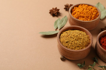 Bowls with different powder spices on craft background, space for text