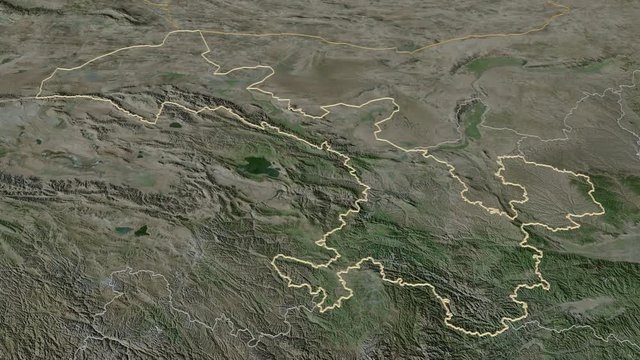 Gansu, province with its capital, zoomed and extruded on the satellite map of China in the conformal Stereographic projection. Animation 3D