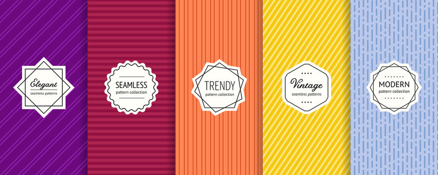 Striped seamless patterns set. Vector collection of colorful geometric background swatches with modern labels. Minimalist texture with lines, stripes. Purple, maroon, orange, yellow and blue design